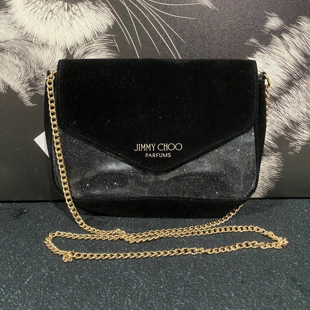 Jimmy Choo Shoulder Bag Women's Black Velvet Glitter Crossbody Chain Strap Party